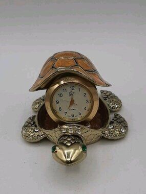 Vintage Enameled Jeweled Turtle Hinged Metal Trinket Box Watch Clock Paperweight